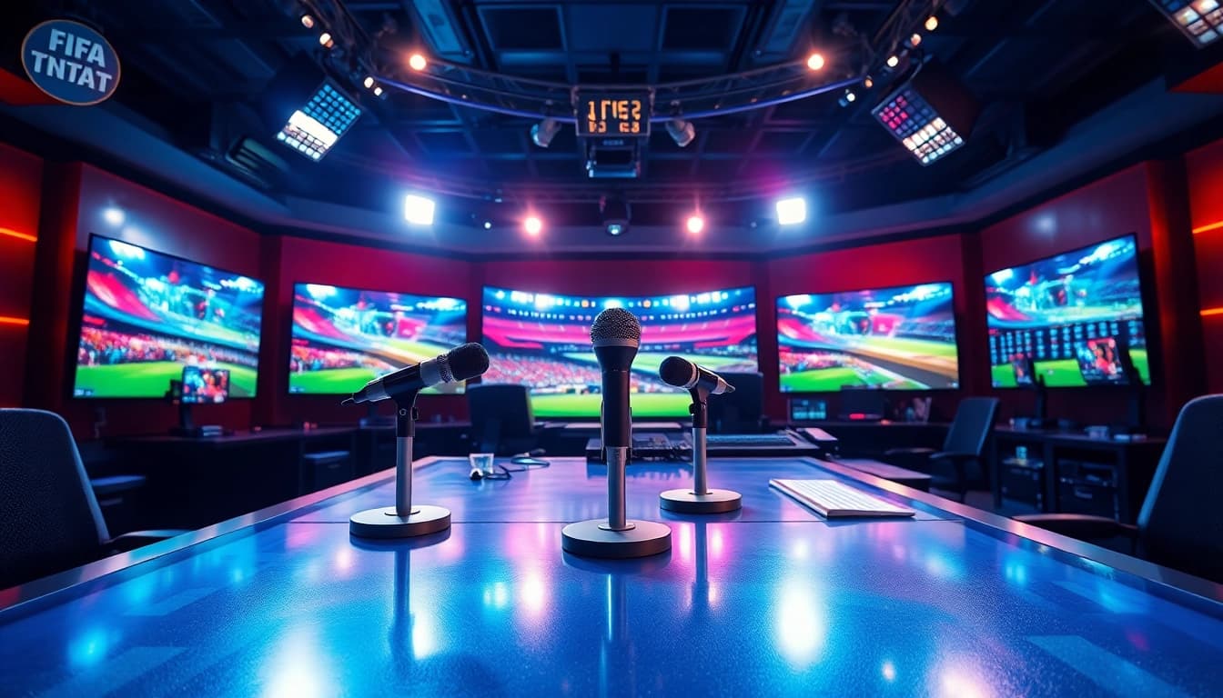 Sports Broadcasting studio with dynamic visuals and professional set-up showcasing vibrant energy.