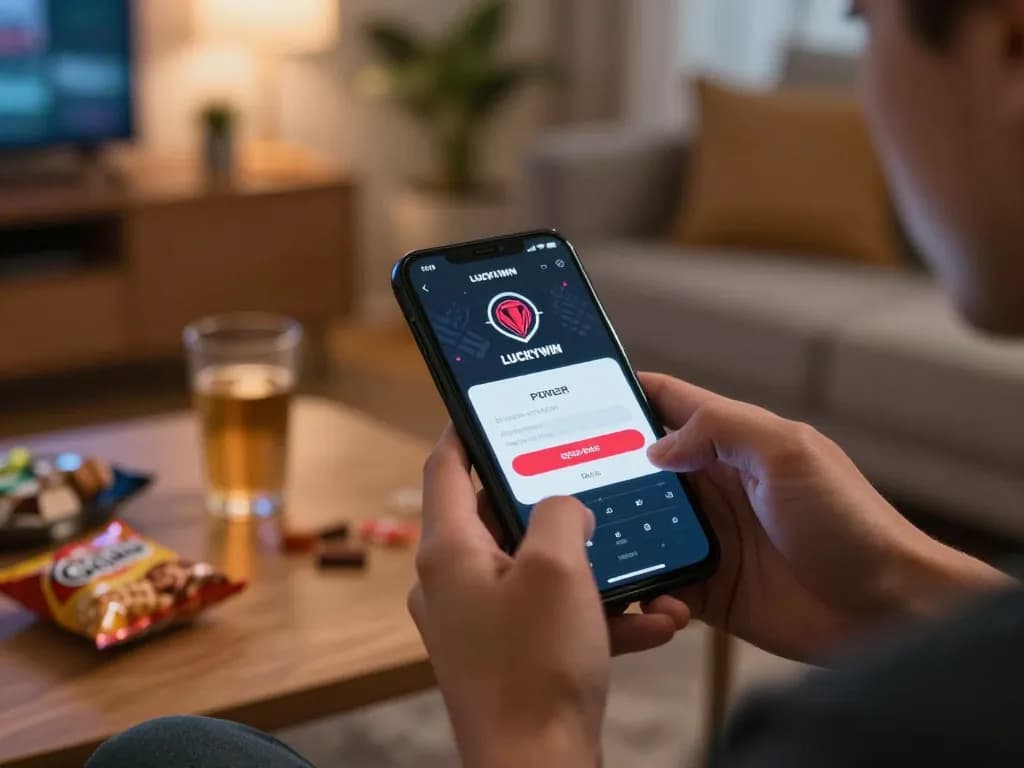 Logging into LUCKYWIN on a smartphone while enjoying a cozy gaming night at home.