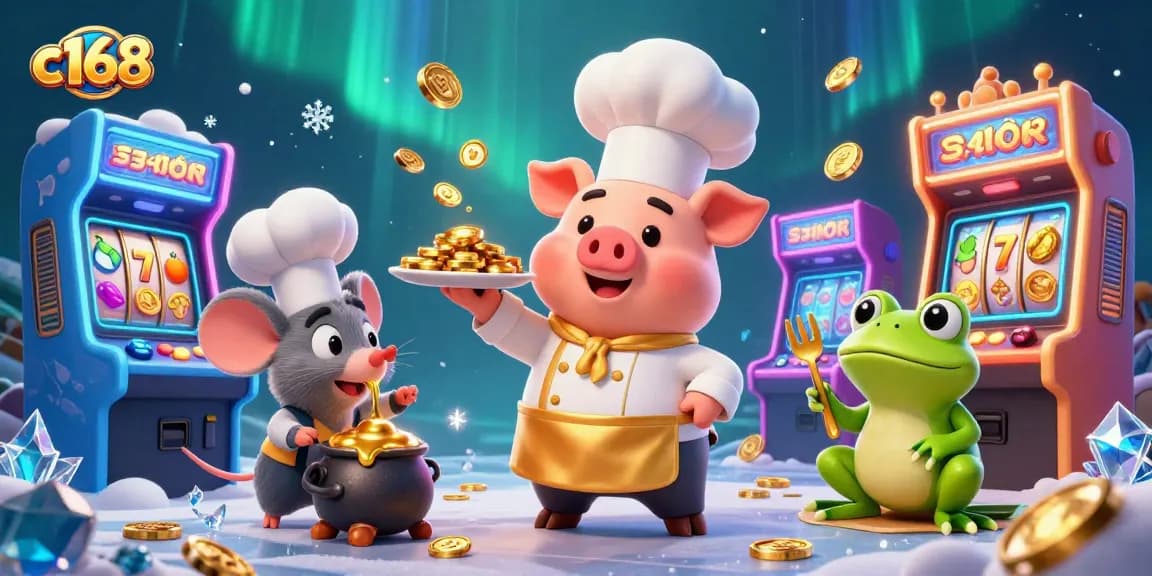 Win big with c168: Cartoon chef serving gold coins amid vibrant casino games.