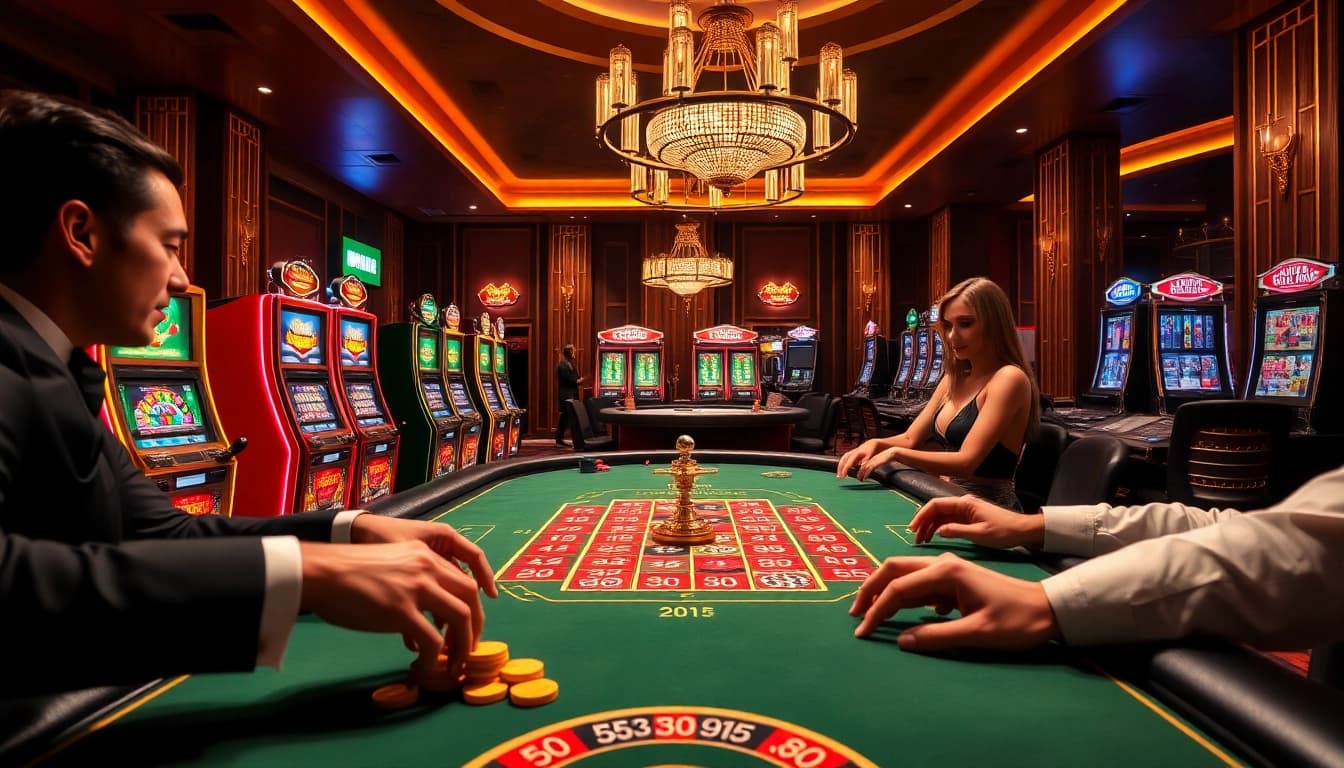 Gambling excitement at a casino with players engaged at tables from https://nh8833.com/ showcasing luxury and thrill.