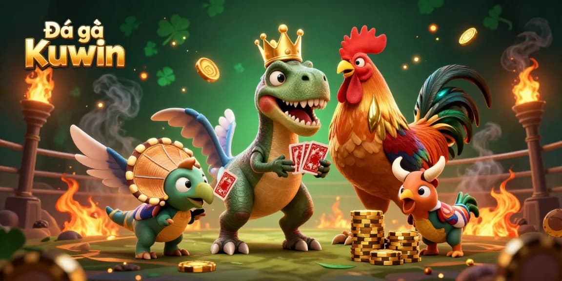 Experience intense Đá gà Kuwin battles with vibrant characters and dynamic gaming elements in this 3D illustration.