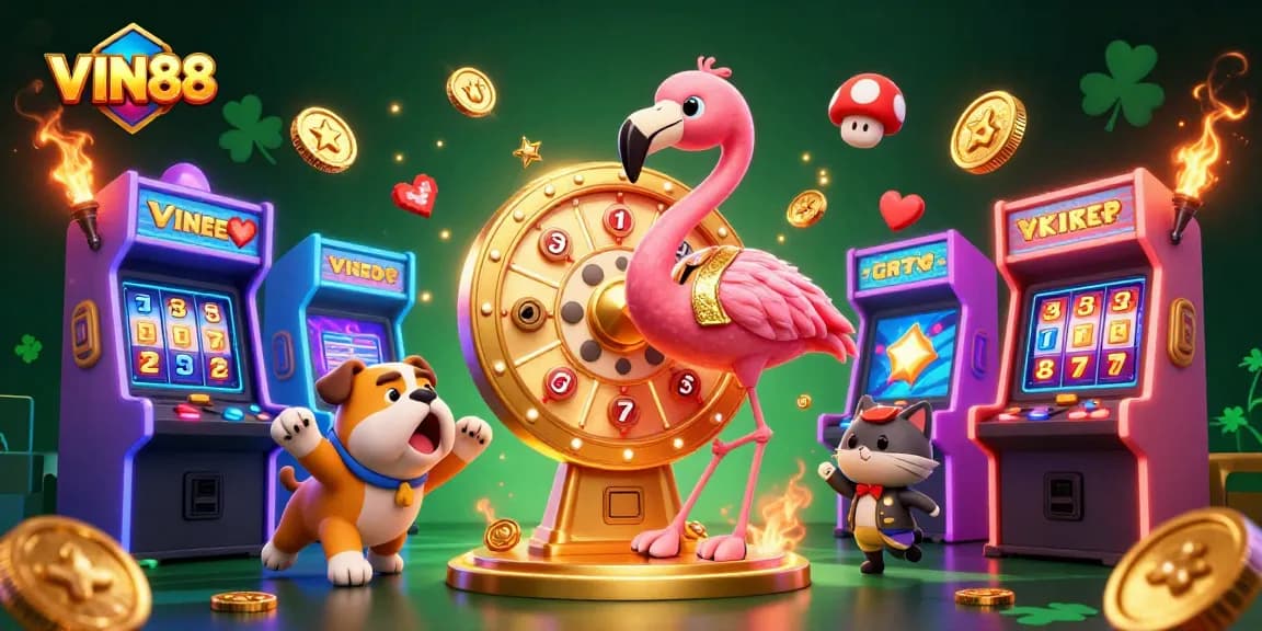Enjoy spinning the giant prize wheel at VIN88 with exciting characters and vibrant casino elements.