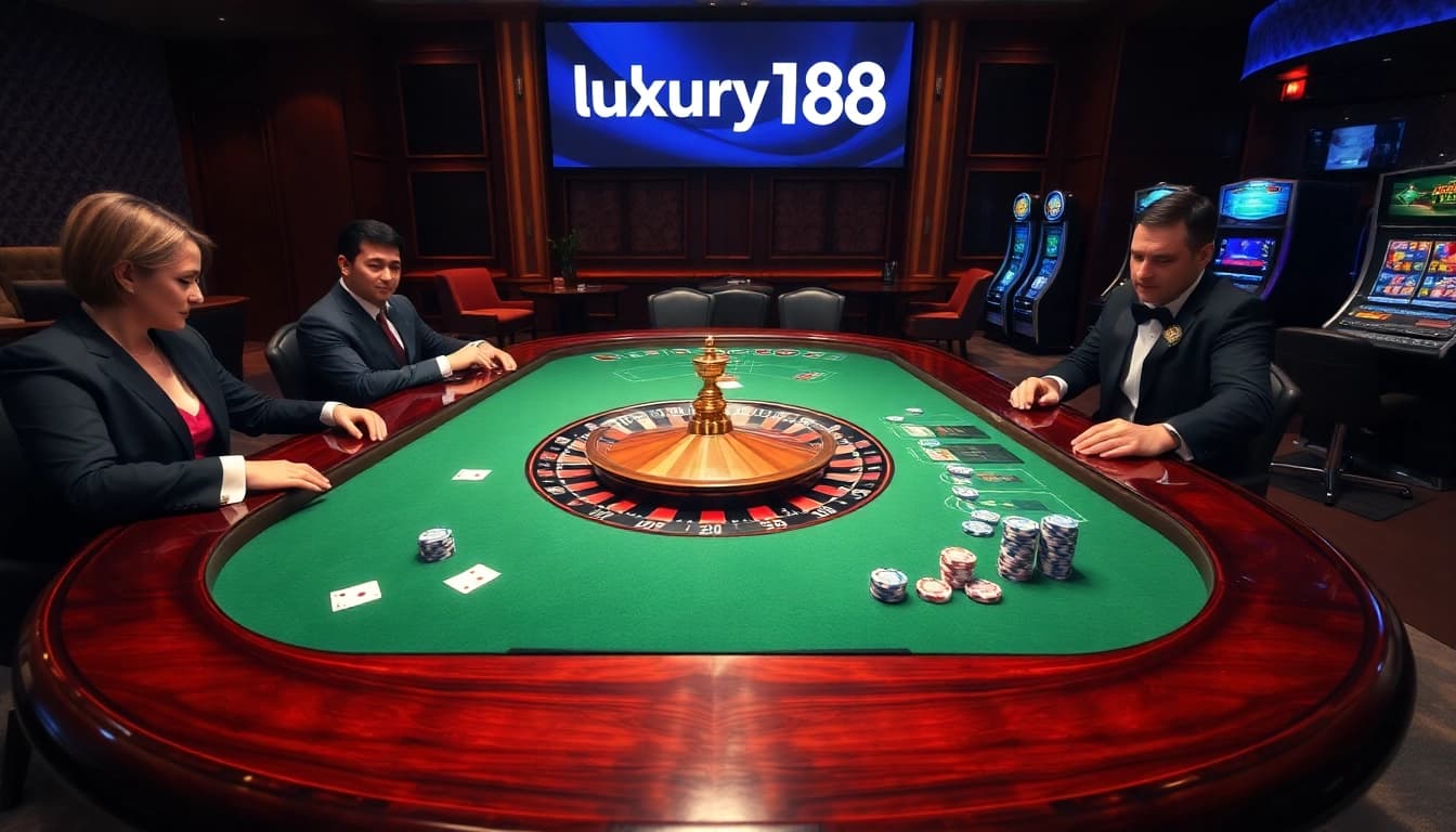 Players engage with online gambling at luxury138’s luxurious casino tables, highlighting high-stakes action.