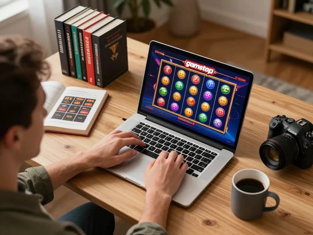 Player enjoying slots not on gamstop at home with engaging game interface and organized workspace