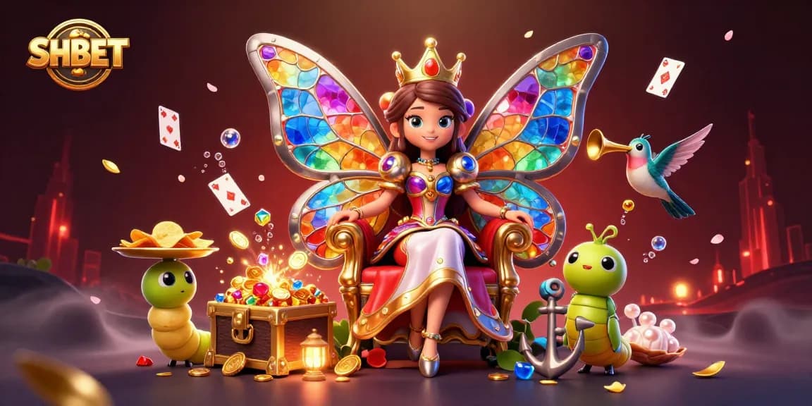 Engage with SHBET's vibrant casino world featuring a butterfly queen and captivating game elements.