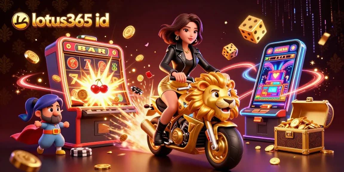 Engage in thrilling gameplay with lotus365 id, featuring a glamorous Asian woman on a golden lion amidst jackpot excitement.