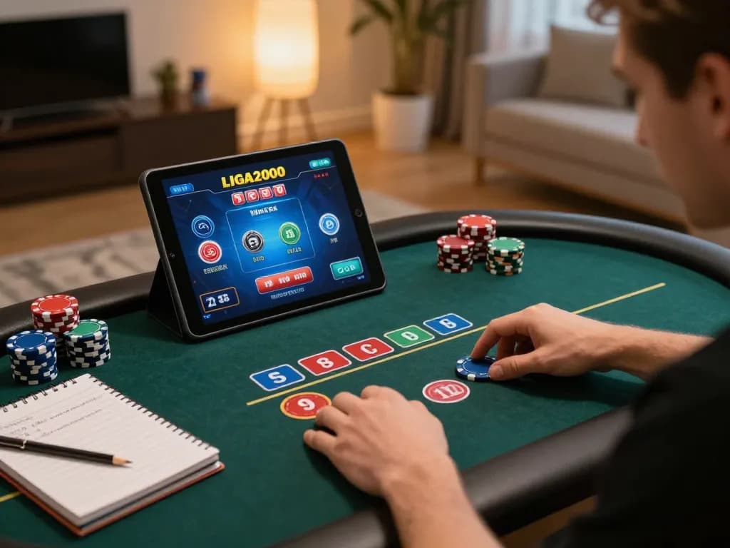 LIGA2000 online gaming session highlighting strategic poker gameplay and personal betting notes.
