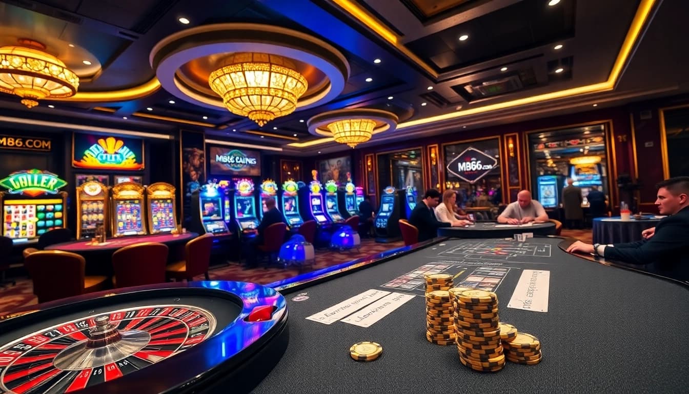 Players enjoying various games at MB66.COM's luxurious casino, showcasing excitement and engagement.