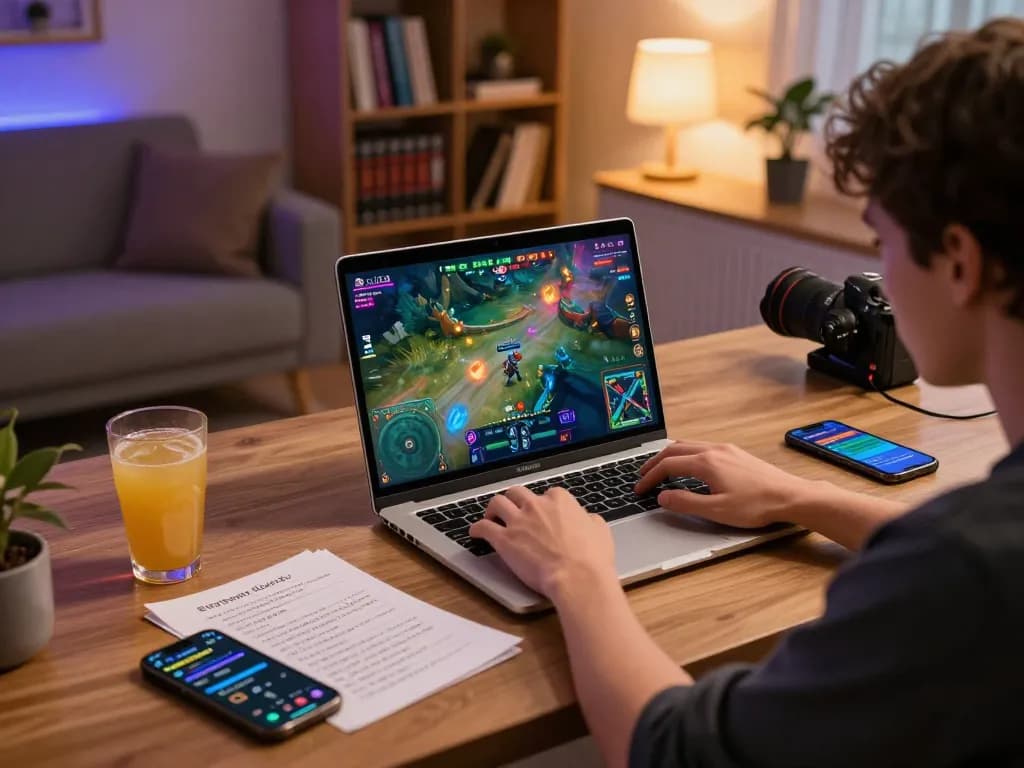 Leci123 online gaming session with a player focused on their laptop in a cozy home setup.