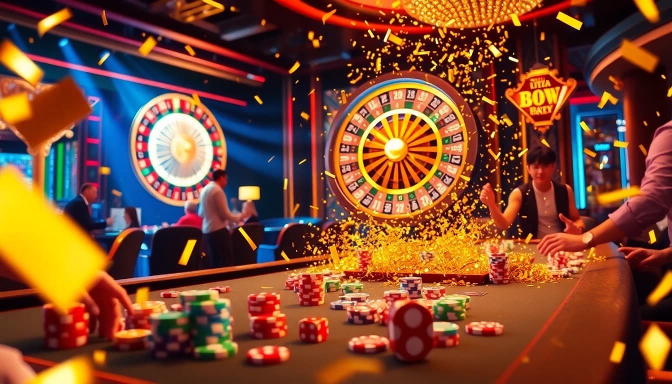 Celebrating wins at bro138's vibrant casino tables filled with poker chips and festive ambiance.