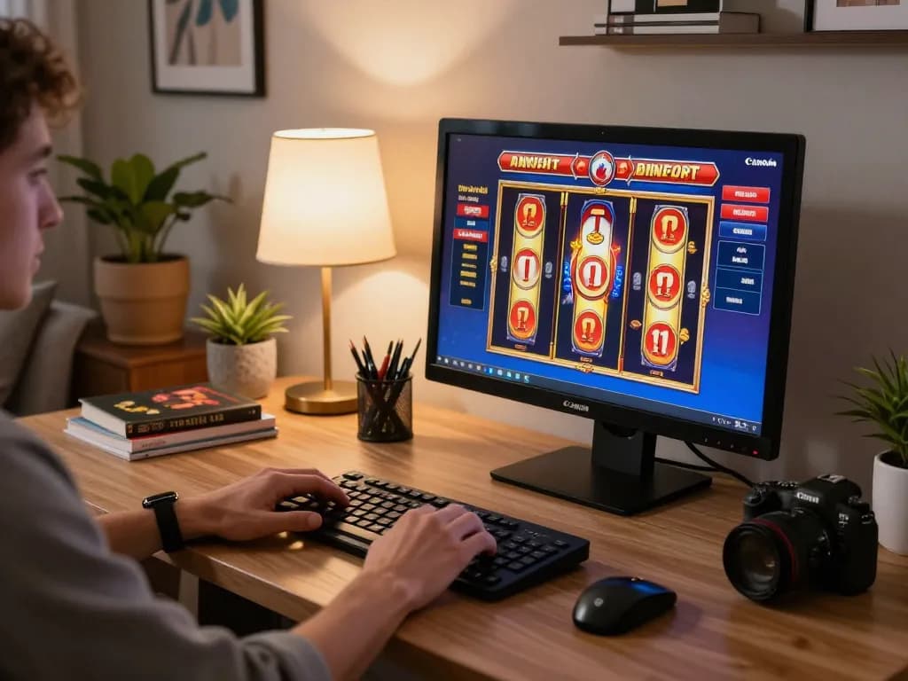 Player engaging with online casinos in Canada, spinning vibrant slots on a modern desktop setup.