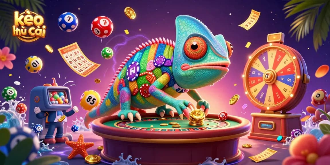 Engage with kèo nhà cái as colorful lottery balls bounce around an animated chameleon casino owner.