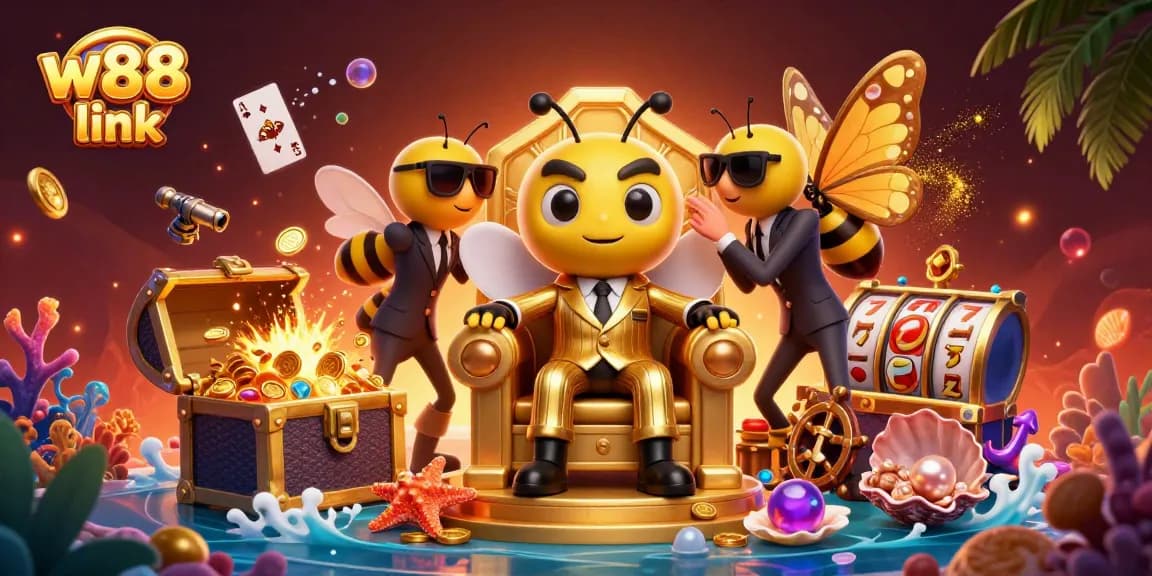 Engage with the thrilling w88 link experience in a vibrant 3D casino illustration featuring playful characters and rich game elements.