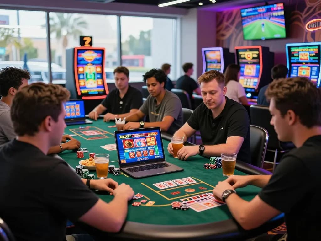 Engaging online casino scene at https://da88.navy/ showcasing players at vibrant gaming tables with chips and drinks.