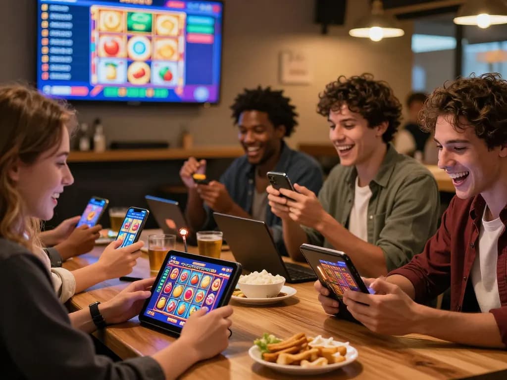 Pemain yang bersemangat menikmati pengalaman slot online yang berwarna-warni di perangkat mereka di kafe yang nyaman, fokus pada komunitas dan kesenangan bermain game poka92.