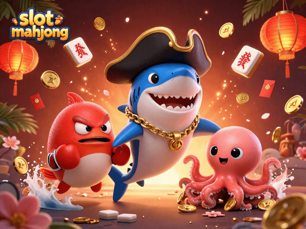 Play slot mahjong and win with lively characters in a vibrant casino scene.