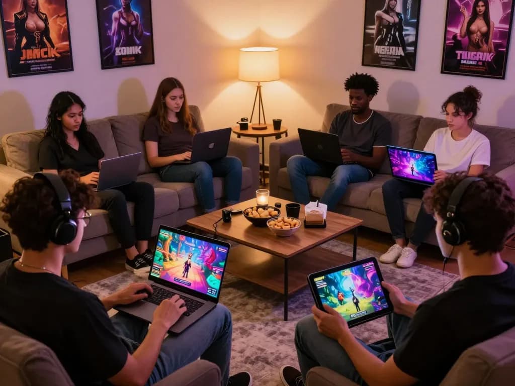 A group of friends playing engaging sex games in a cozy living room setting on various devices, showcasing vibrant graphics and relaxed atmosphere.