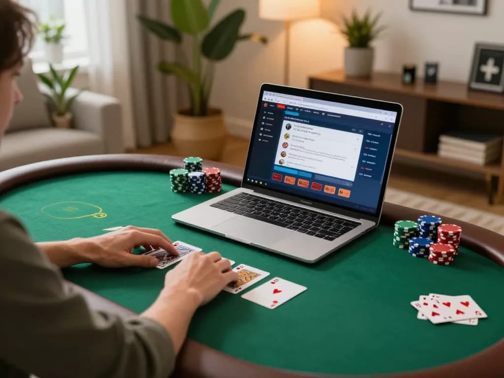 J188 online casino gaming setup with player engaged in poker, showcasing strategic gameplay and personal atmosphere