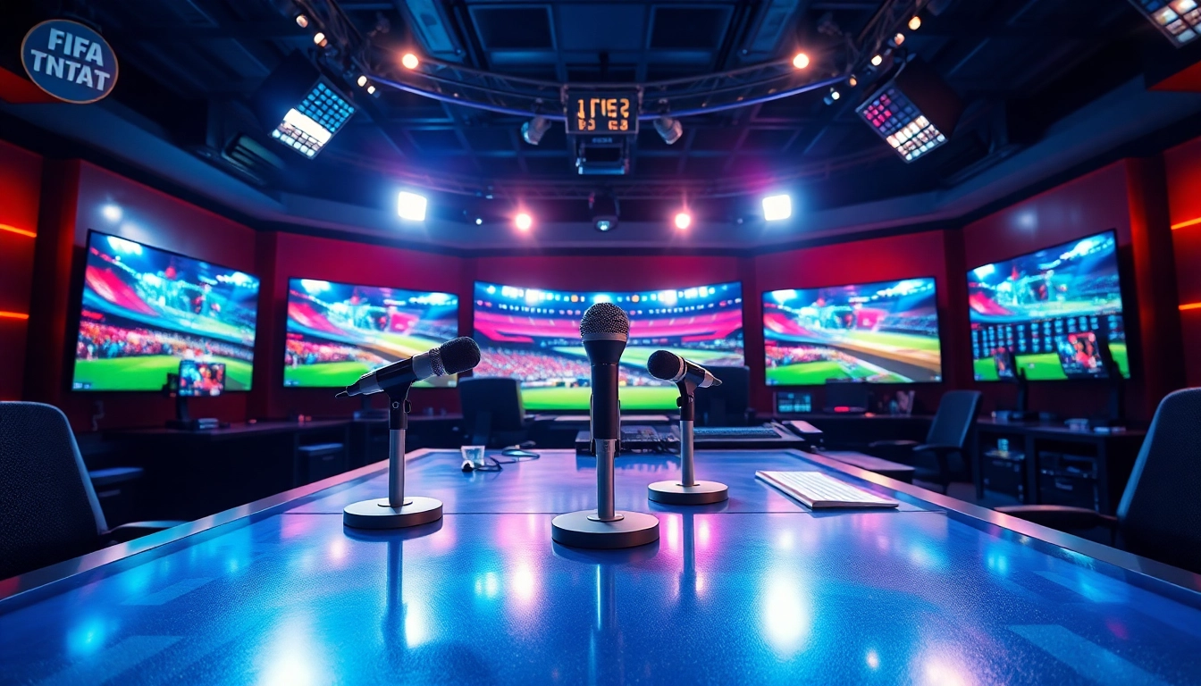 Sports Broadcasting studio with dynamic visuals and professional set-up showcasing vibrant energy.