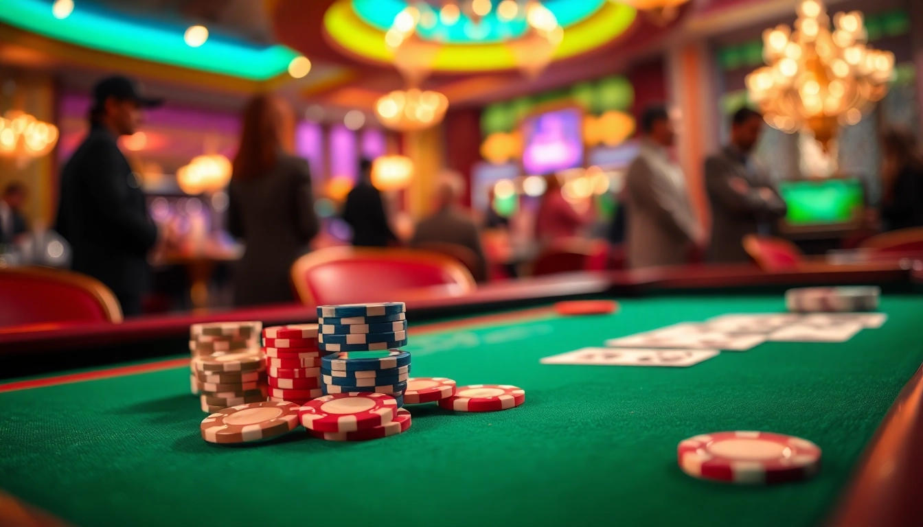 Register now for thrilling casino games with colorful chips and cards on a festive gaming table.