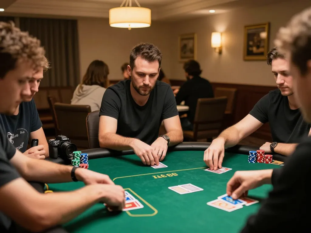 Players immersed in a strategic poker game at Fafa828, surrounded by chips and cards in a cozy home setting.