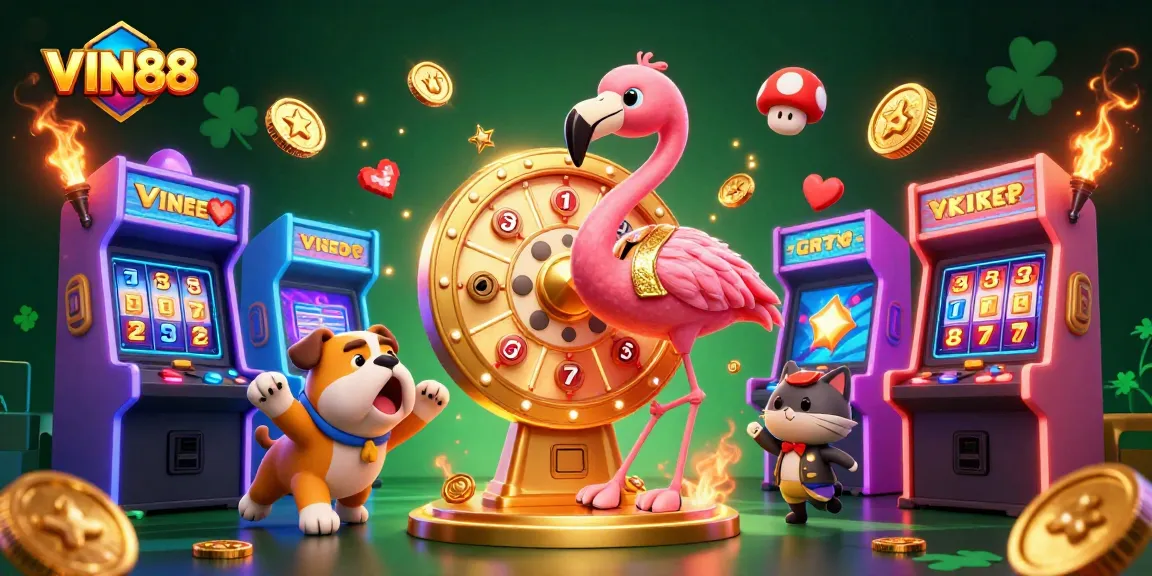 Enjoy spinning the giant prize wheel at VIN88 with exciting characters and vibrant casino elements.
