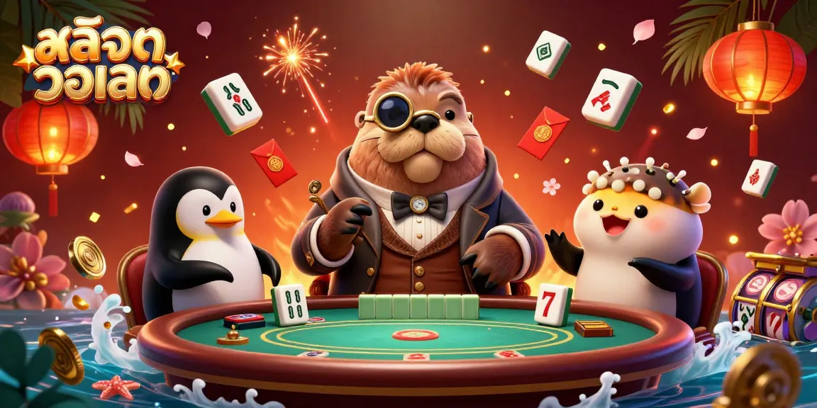Play exciting casino games at สล็อตวอเลท with a jolly walrus and friends enjoying a vibrant gambling scene.