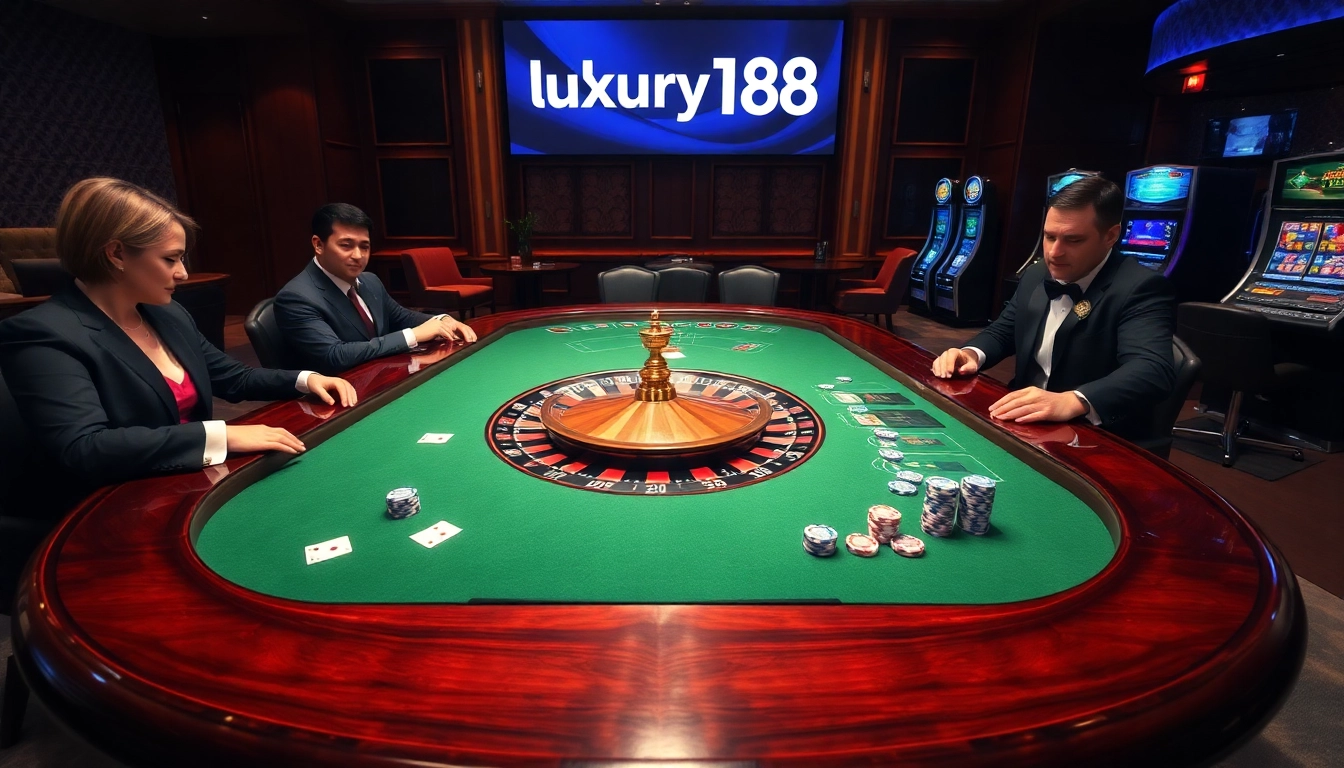 Players engage with online gambling at luxury138’s luxurious casino tables, highlighting high-stakes action.