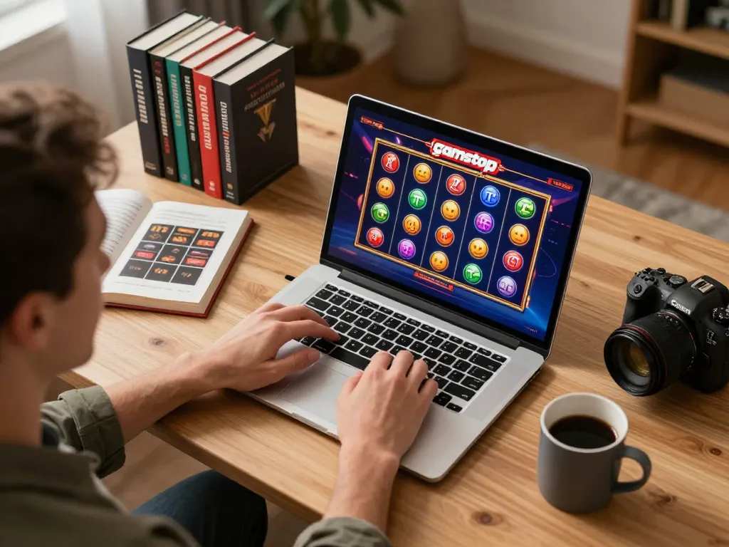 Player enjoying slots not on gamstop at home with engaging game interface and organized workspace