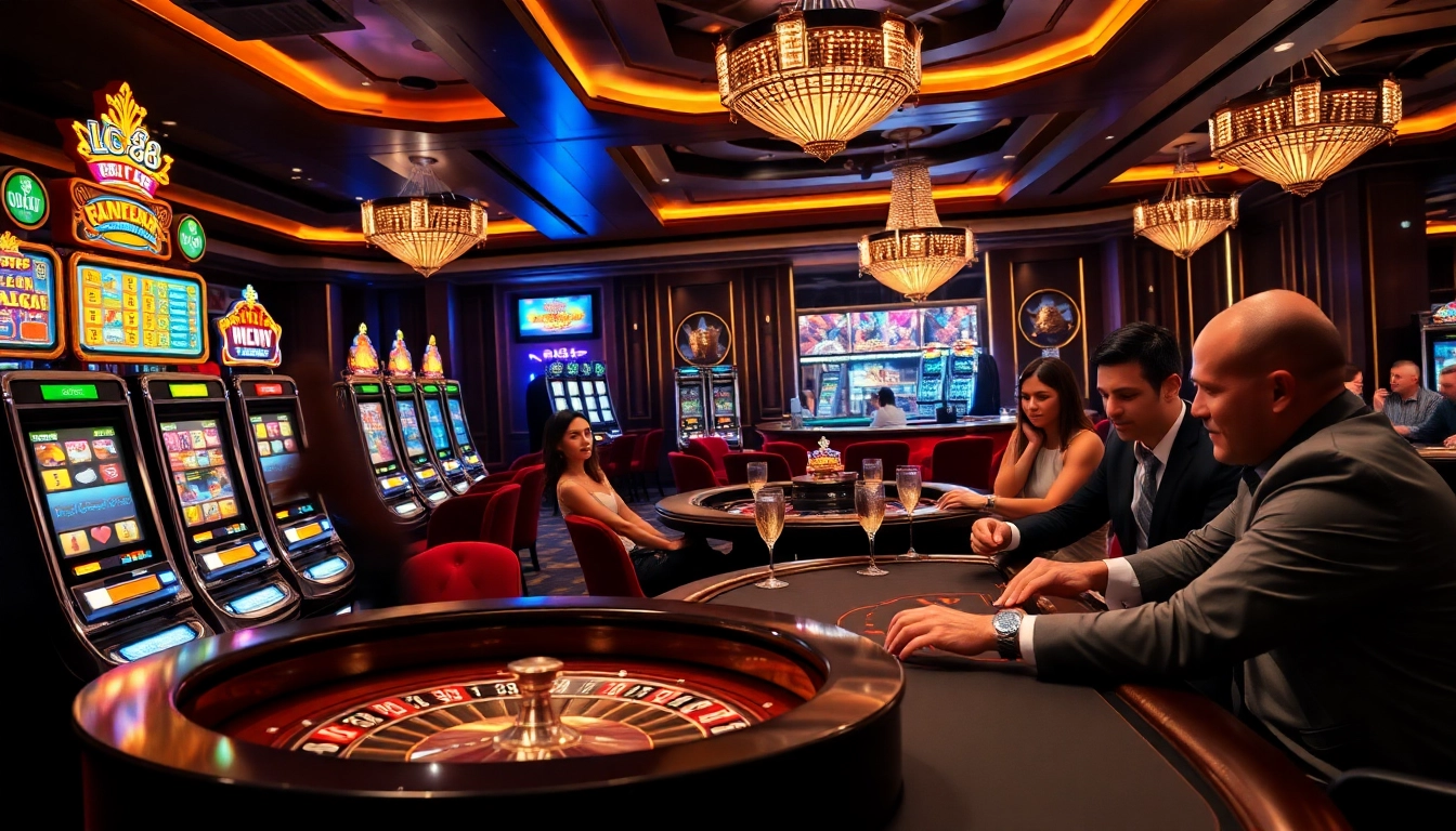 Players enjoy excitement at the LC88 casino, with vibrant slots and elegant poker action.