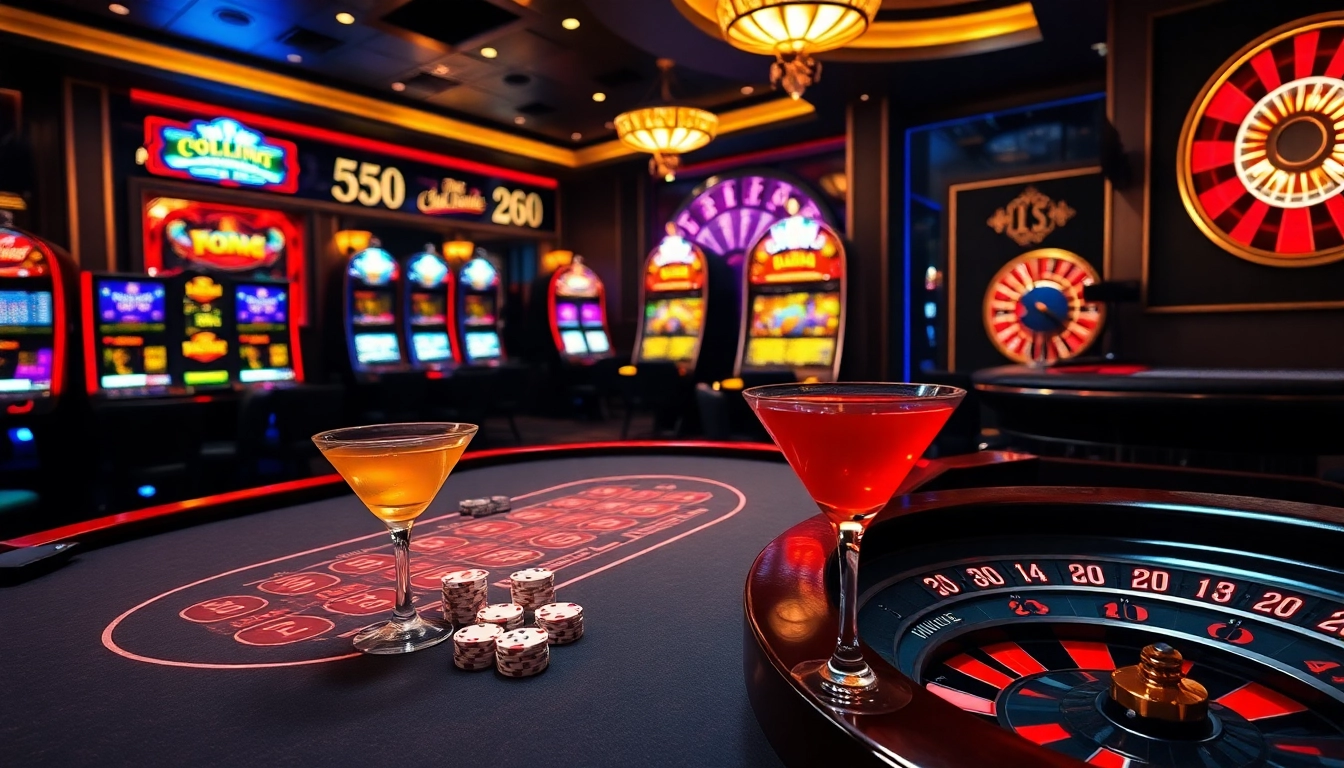 Players enjoy a thrilling poker game at LC88 casino, featuring vibrant slot machines and upscale ambiance.