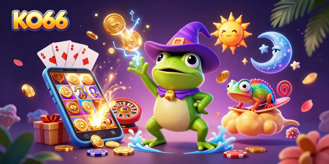 Experience the thrill of KO66 with a wizard frog, chameleon, and casino elements in a magical storm.