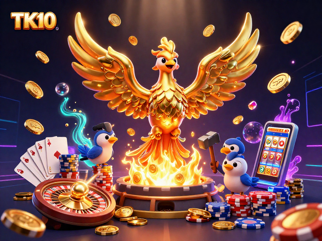 Experience thrilling gaming with TK10's molten metal phoenix, golden coins, and vibrant casino elements.