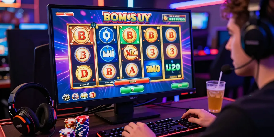 Player at https://palacetrust.org.uk/ enjoying a thrilling bonus buy slots session with vibrant game visuals and gaming accessories.