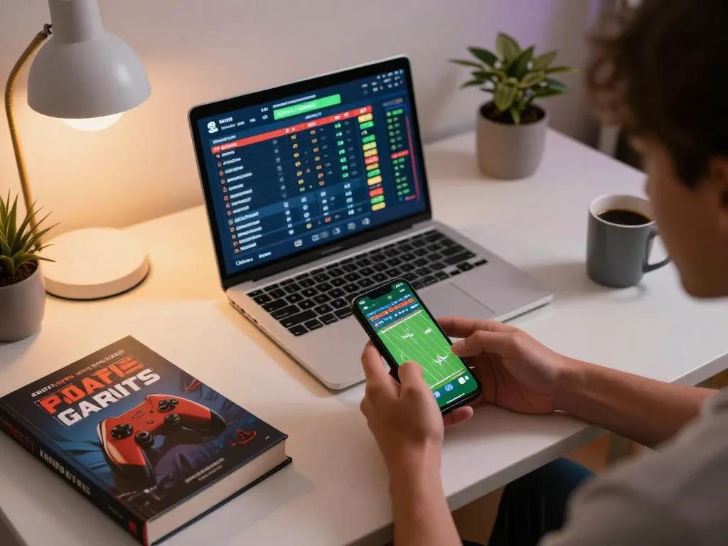 Engaging in sports betting on smartphone at home using https://fabet.limited/ with books and laptop nearby.