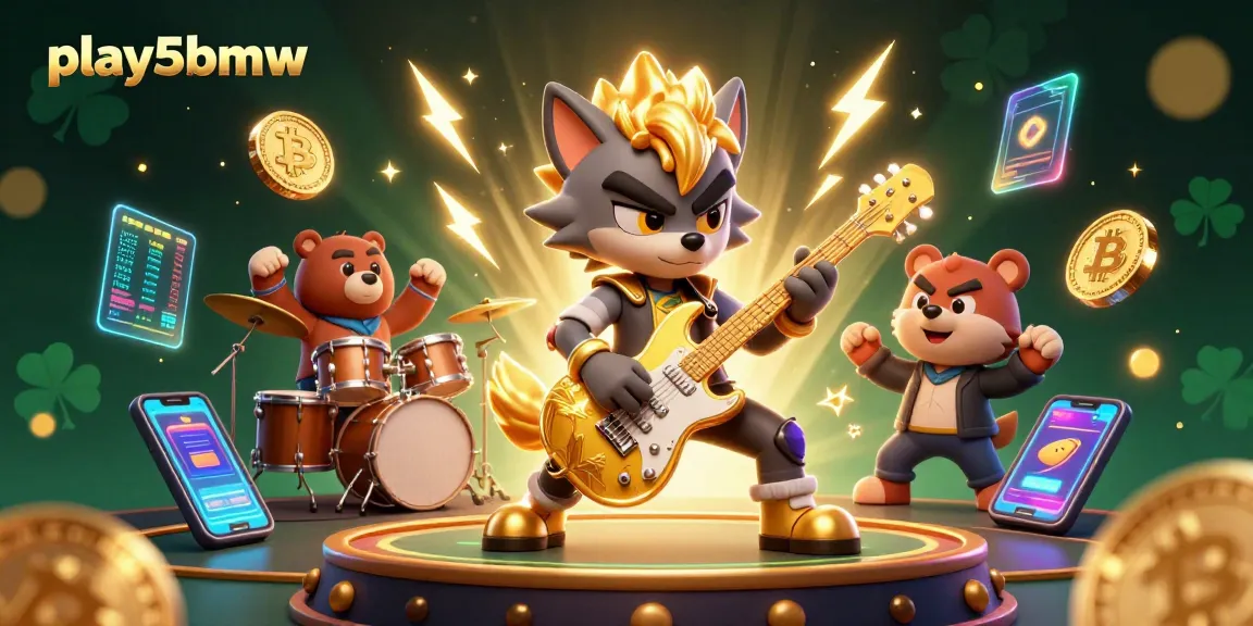 Play5bmw brings exhilarating entertainment as a rock star wolf shreds a guitar on a vibrant casino stage.