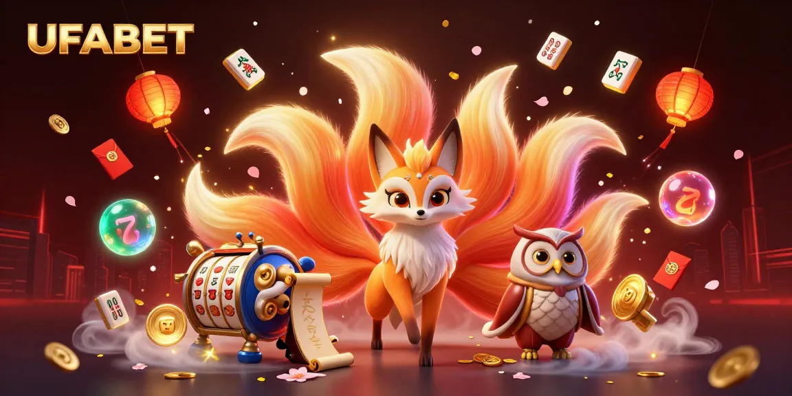 Engage in thrilling gameplay at UFABET with a magical scene featuring a nine-tailed fox and vibrant gambling symbols.