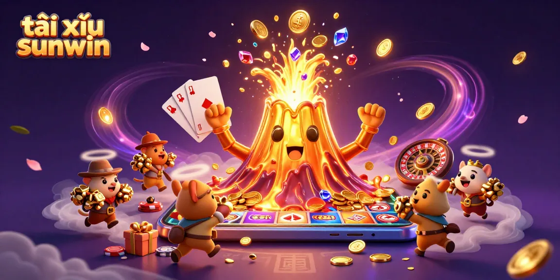 Tài xỉu sunwin showcases a triumphant volcano erupting with golden treasures amidst a vibrant casino scene.