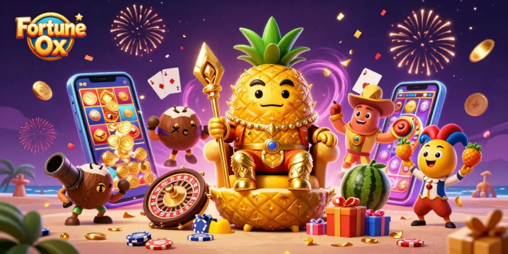 เกมสล็อต Fortune Ox ที่มีสีสันและที่นั่งสีทองในคาสิโนชายหาด