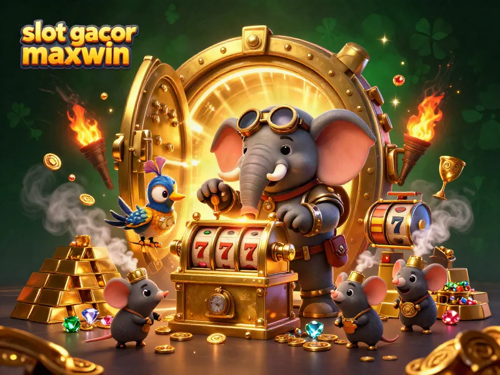 Slot gacor maxwin menampilkan karakter digital unik dalam pengaturan kasino tiga dimensi yang memukau