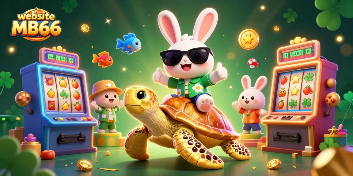 Experience the excitement at website MB66 with a vibrant 3D illustration of casino-themed characters and slot games.