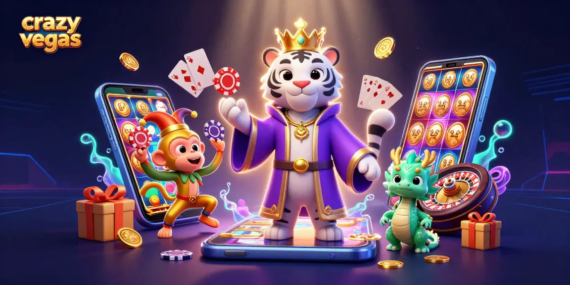 Experience the thrill of crazyvegas as the royal tiger, jester monkey, and jade dragon unite amidst spinning slots and poker chips.