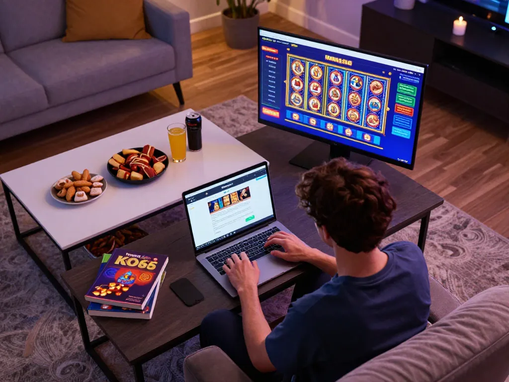 Engaged player exploring the trang chủ KO66 site on a laptop in a cozy home setup.