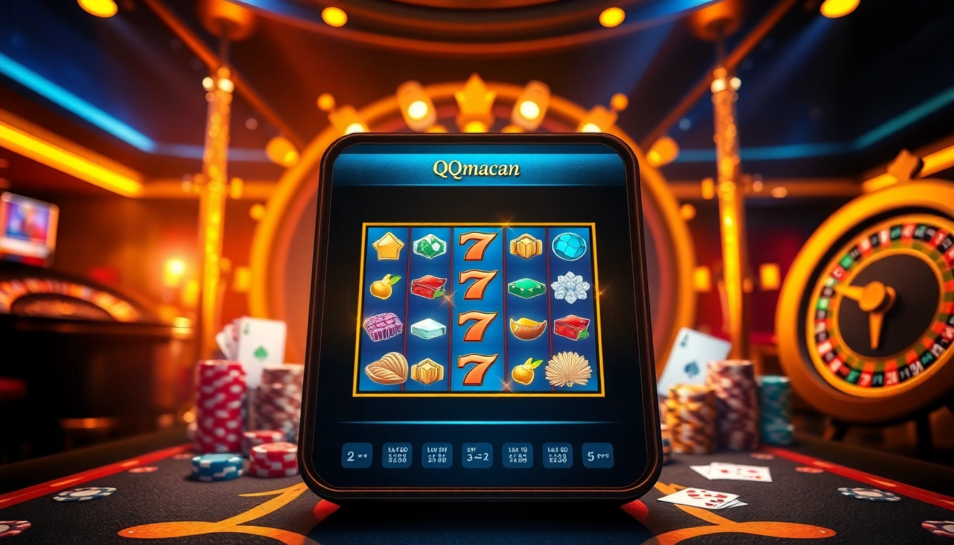 Engage with qqmacan slot featured in a vibrant and luxurious casino scene, showcasing high stakes gaming.