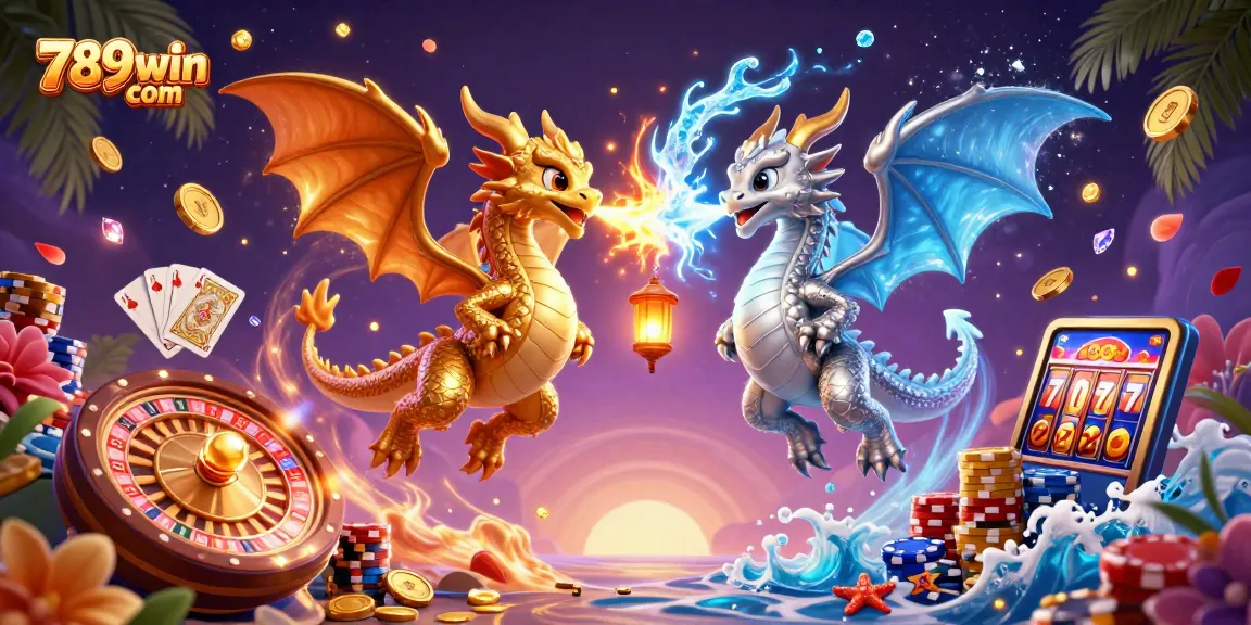 Experience thrilling entertainment at 789win com with dragons and casino elements like coins and cards.