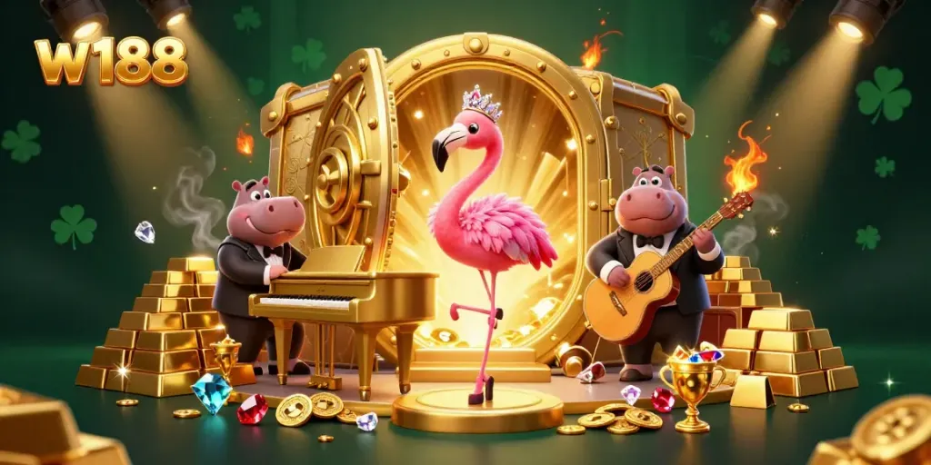 Experience w188's vibrant casino scene with a flamingo singer and hippo bassist amidst treasures.