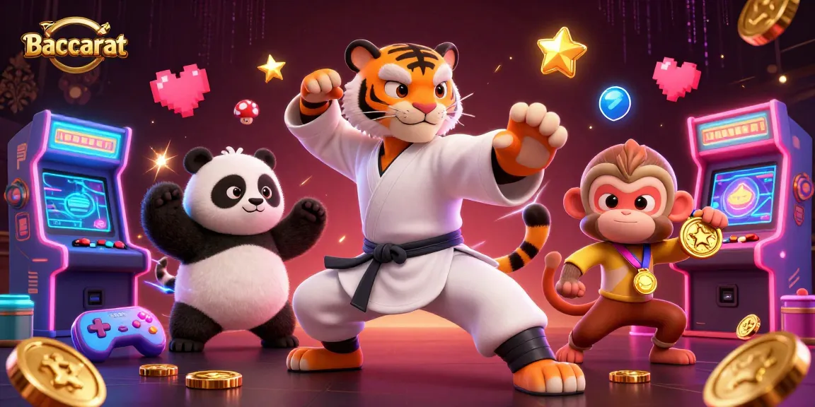 Baccarat tiger master and panda disciple at a colorful casino with game elements.