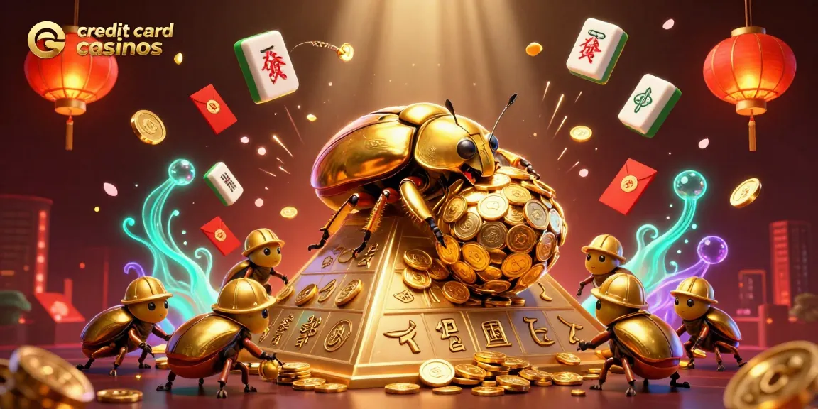 Enjoy thrilling action at credit card casinos with golden beetles and vibrant symbols.