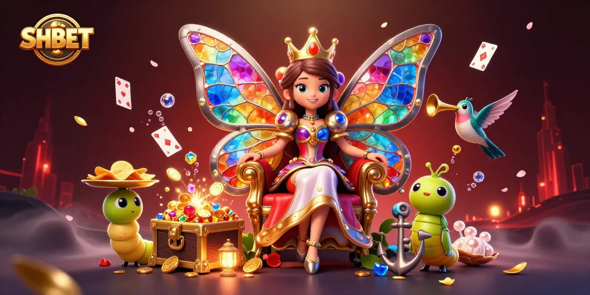 Engage with SHBET's vibrant casino world featuring a butterfly queen and captivating game elements.