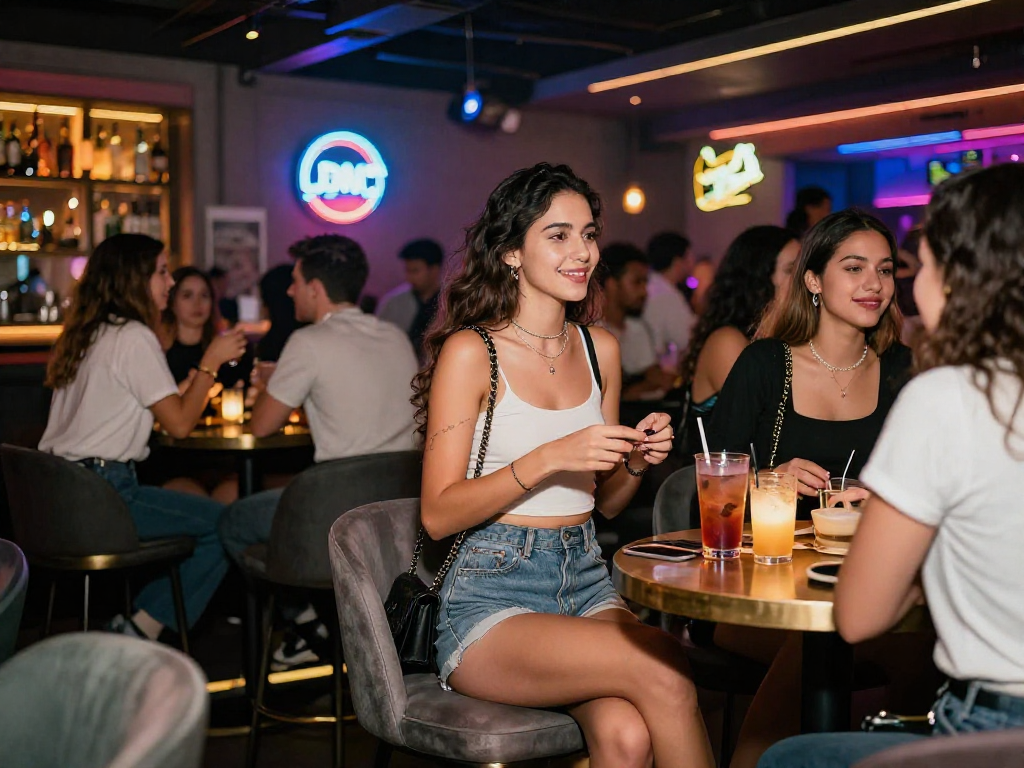 Gái gọi đang tận hưởng không khí sôi động tại quán bar hiện đại ở thành phố.
